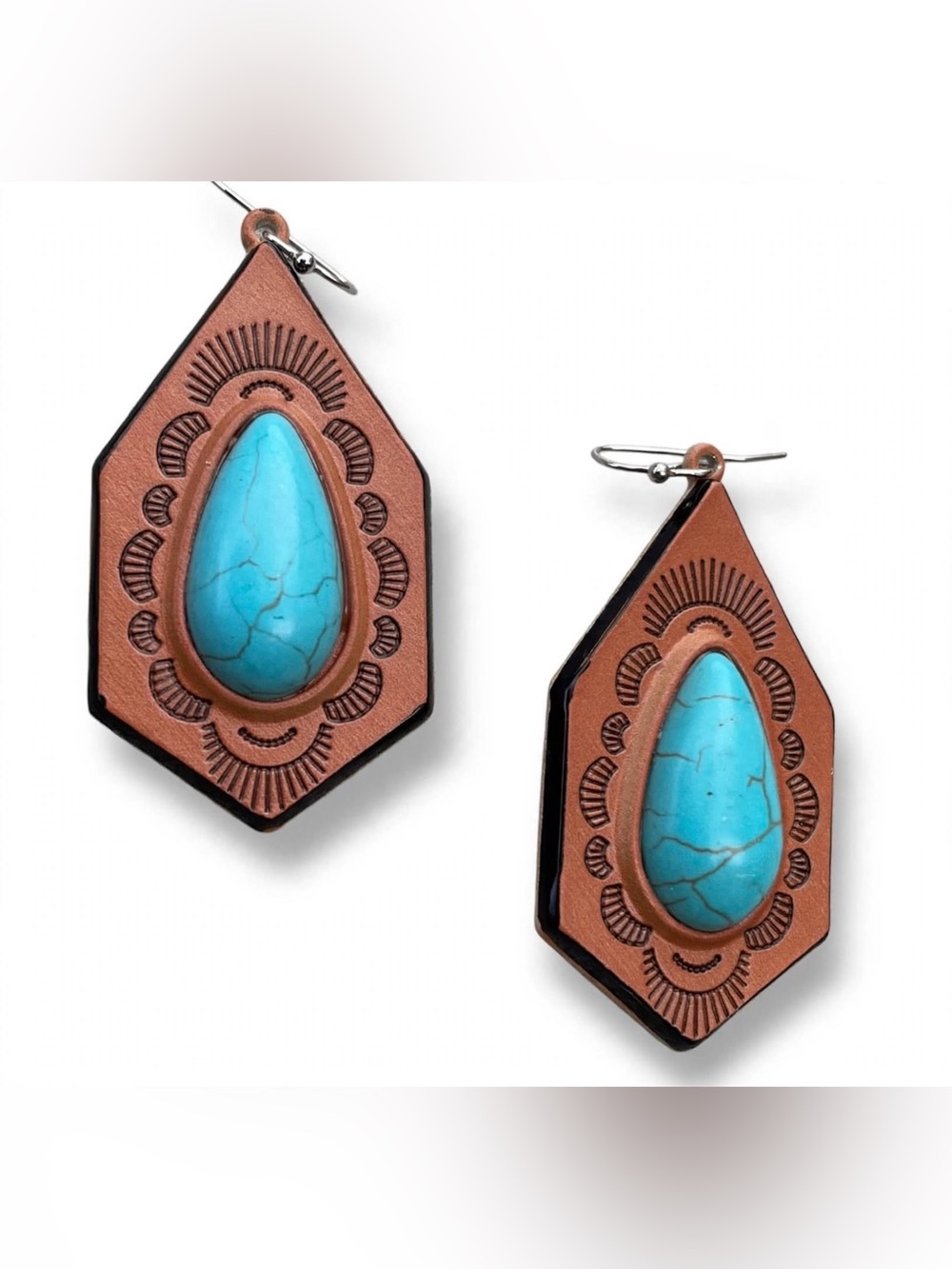 Southwestern Tooled Leather Turquoise Earrings - Handcrafted Statement Dangles
